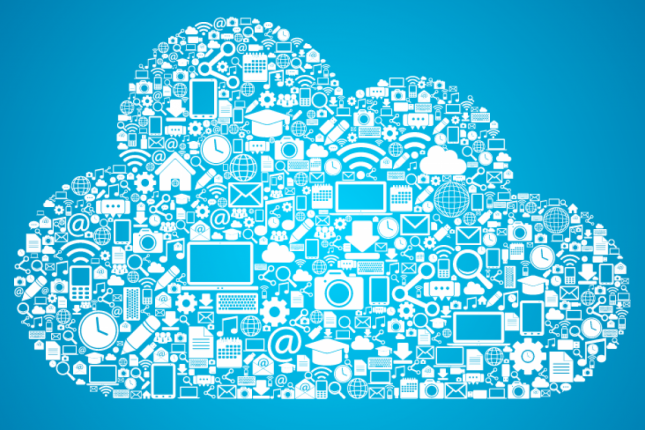 A cloud of digital tools icons.