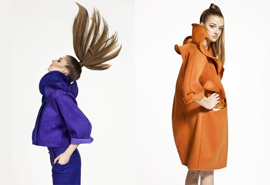 Two pictures of the same model dressed in purple in the first one and orange in the other one.