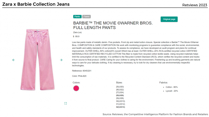 Lectra Retviews- Barbie Collaboration- Zara x Barbie Collection Jeans -Metallic Pink Low Rise Jeans-Cotton  Mass Market brand-US Price Dollar empowering AI